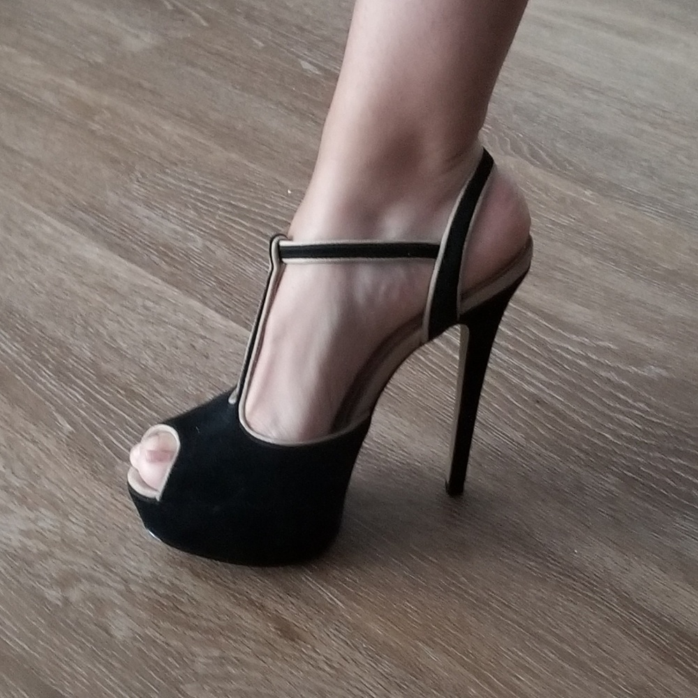 Aldo t strap platform heels stilettos 8 black sued